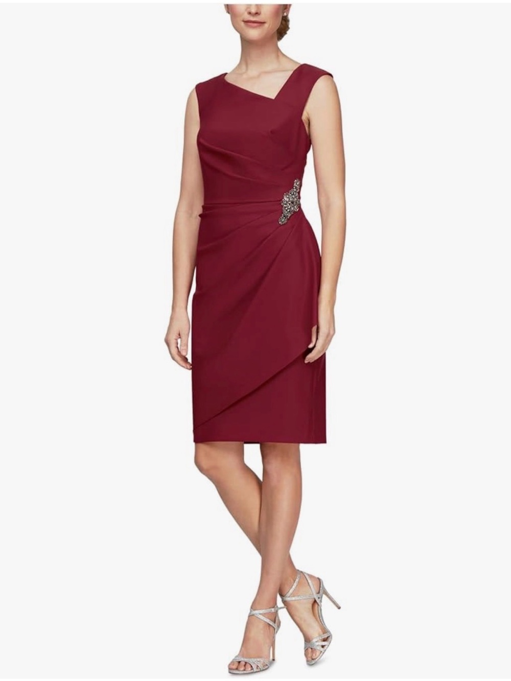Alex Evenings Wine Sleeveless Midi Dress with Side Jewel Accent